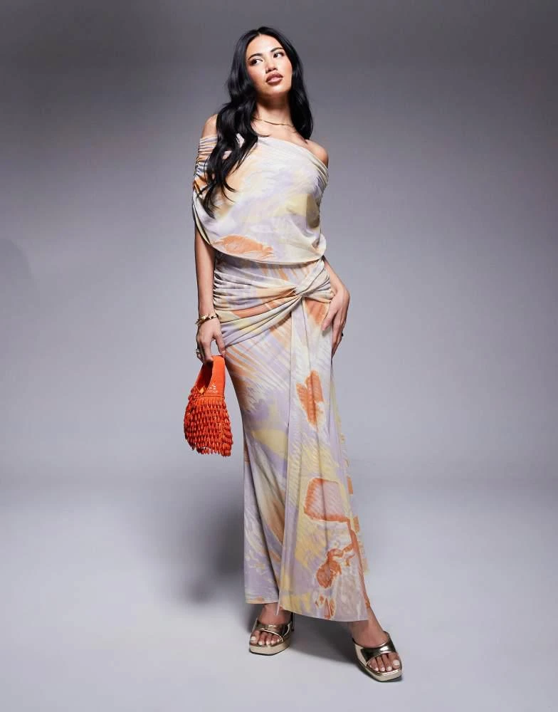 ASOS ASOS DESIGN mesh extreme ruched bodice maxi dress with drape in abstract  print - Dresses & Skirts - Free Shipping - BeyondStyle