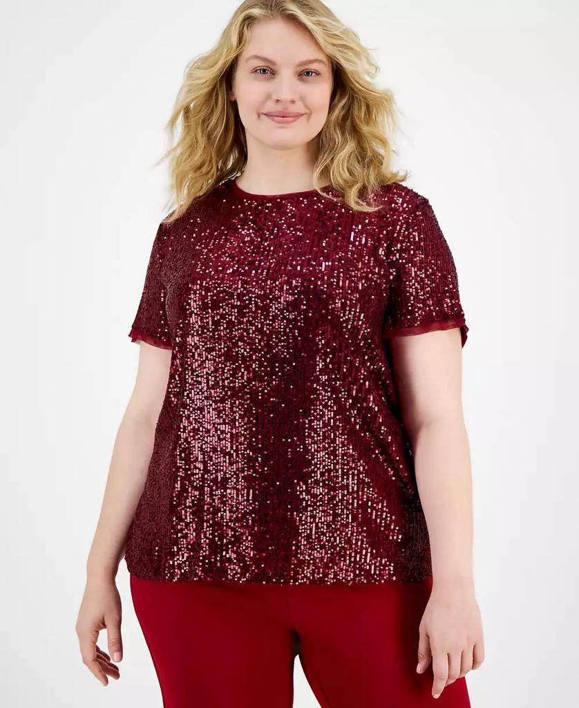 Anne Klein Plus Size Sequined Mesh-Trim Short-Sleeve Top 3