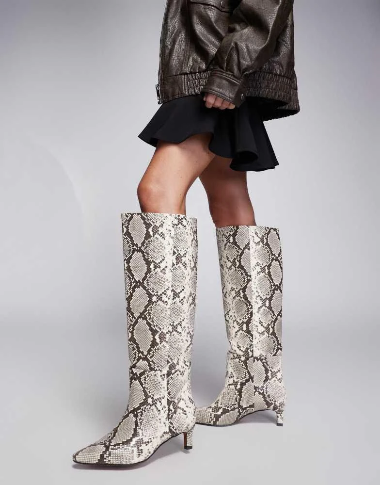 River Island River Island snakeskin print knee boots with low heel in beige 1