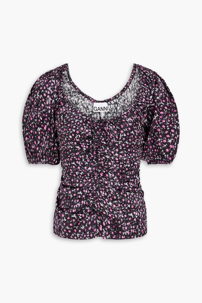 Ganni Ruched floral-print stretch-silk satin top 1