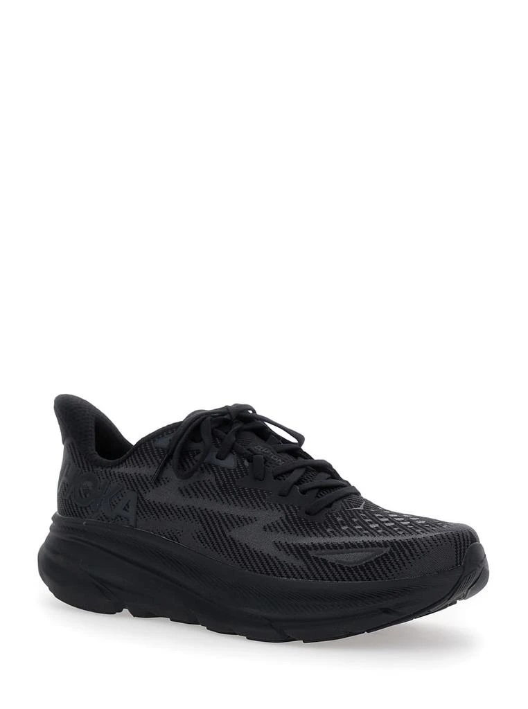 Hoka One One clifton 9 Black Sneakers With Zig Zag Embroidery And Side Logo Print In Rubber Unisex 1