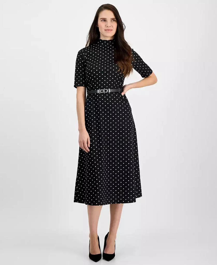 Anne Klein Women's Mock-Neck Elbow-Sleeve Belted Midi Dress 1