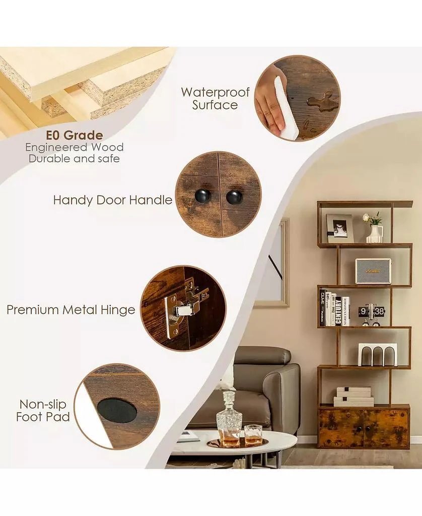 GOUUN 6-Tier S-Shaped Freestanding Bookshelf with Cabinet and Doors 5