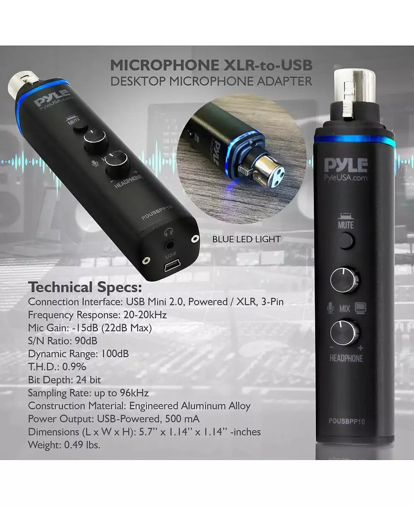 Pyle XLR-to-USB Microphone Adaptor, USB Mic Interface with Volume Control and +48V Phantom Power 6