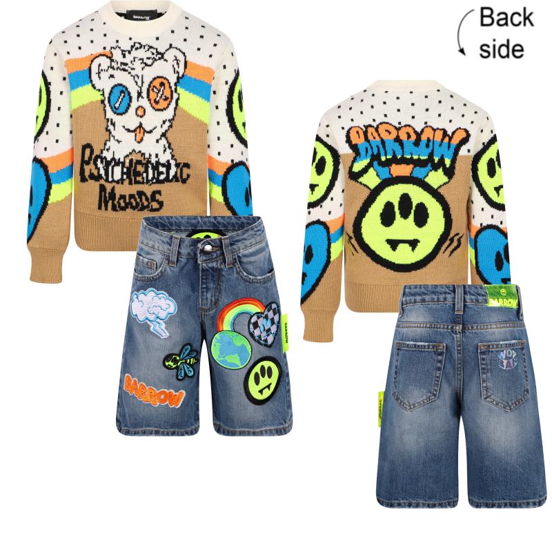 Barrow Psychedelic moods logo sweater and colorful logo embroidery denim bermudas set in white beige and bue