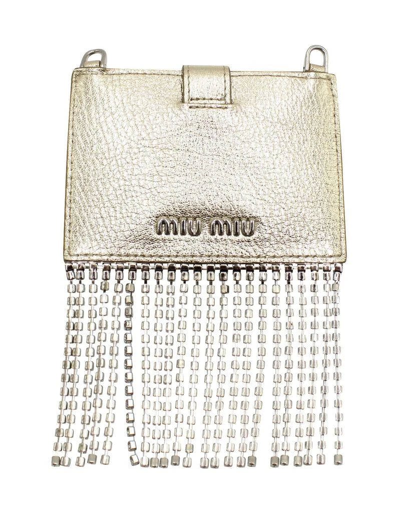 Miu Miu Madras Card Holder with Crystal Fringe in Silver Goatskin Leather 3