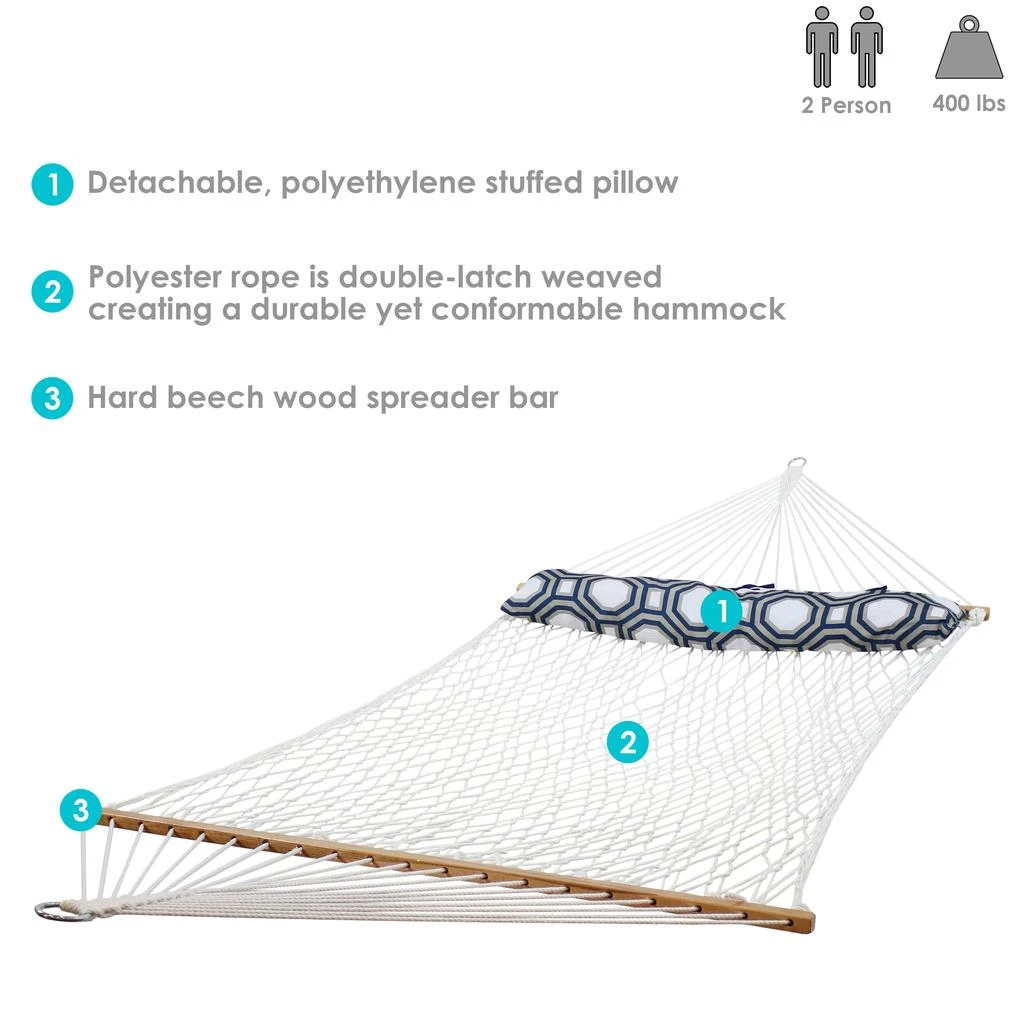 Sunnydaze Double Wide 2-Person Polyester Rope Hammock with Spreader Bars - 400-Pound Weight Capacity 2