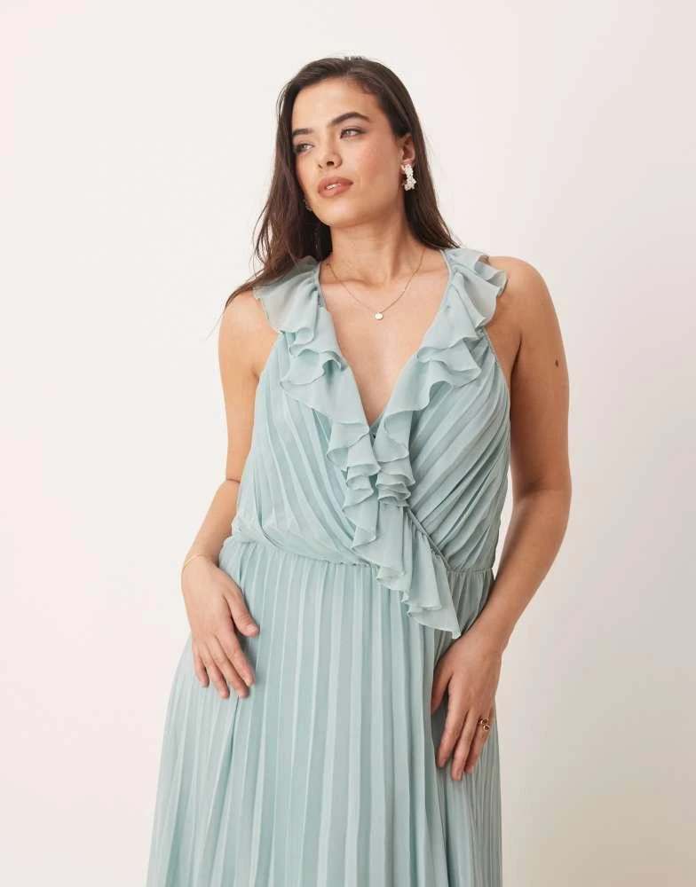 ASOS Design Curve frill wrap detail pleated midi dress in sage green-Multi ASOS Design Curve frill wrap detail pleated midi dress in sage green-Multi