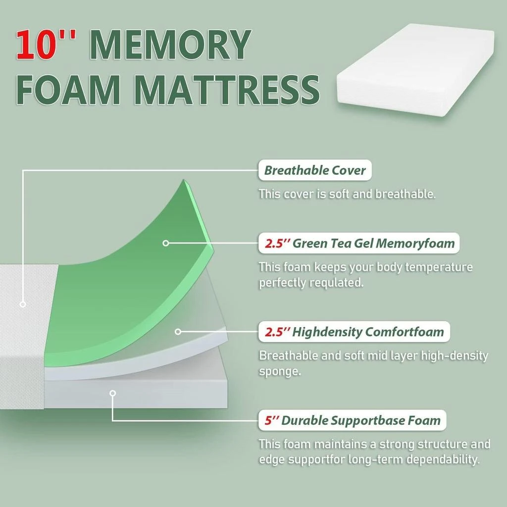 Hivvago Twin size 10-inch Thick Medium Firm Cool Gel Memory Foam Mattress 2