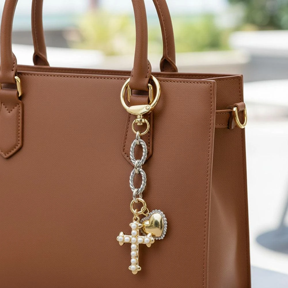 FASHNZFAB 14K Gold Plated Heart Pearl Cross Charm Drop Keychain Bag Charm