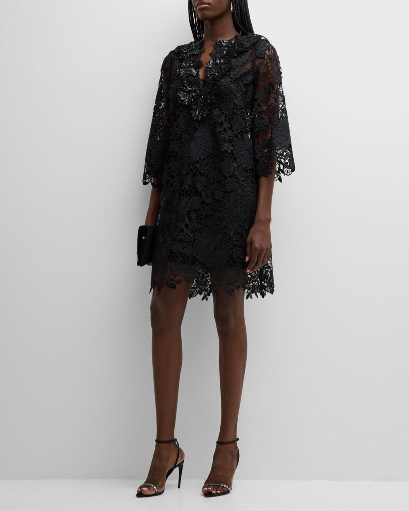 UNGARO Hannah 3/4-Sleeve Floral Lace Shift Dress