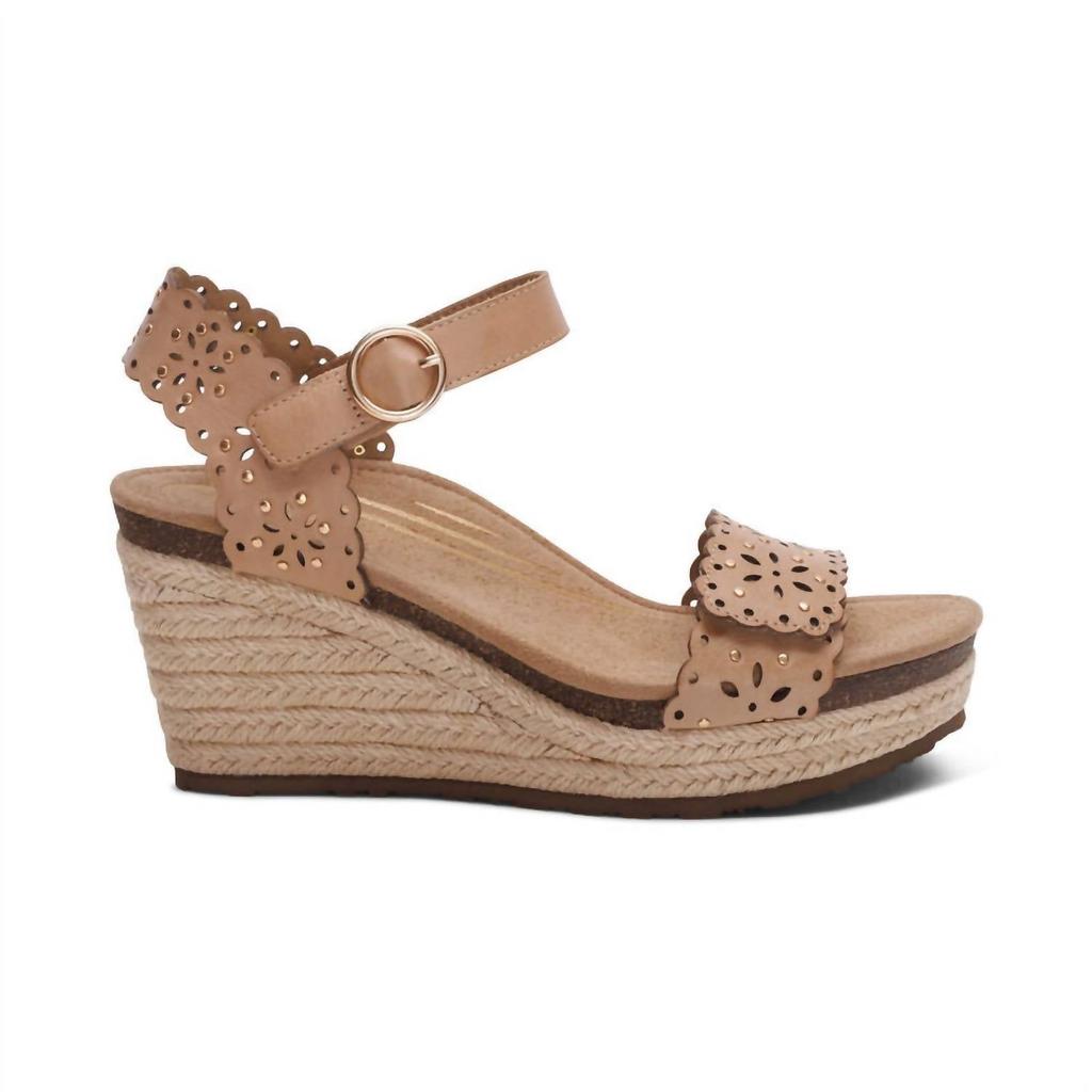 Aetrex Women's Sydney Quarter Strap Espadrille Wedge In Sand Cutout