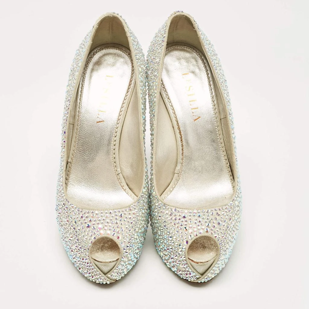 LE SILLA Le Silla Silver Crystal Embellished Suede Peep Toe Platform Pumps Size 37 3