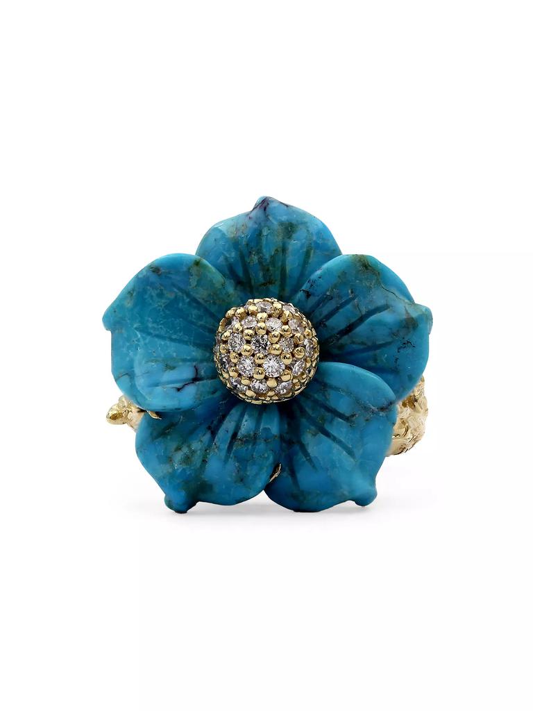 Stephen Dweck Luxury 18K Yellow Gold, Turquoise, & 0.25 TCW Diamond Flower Ring