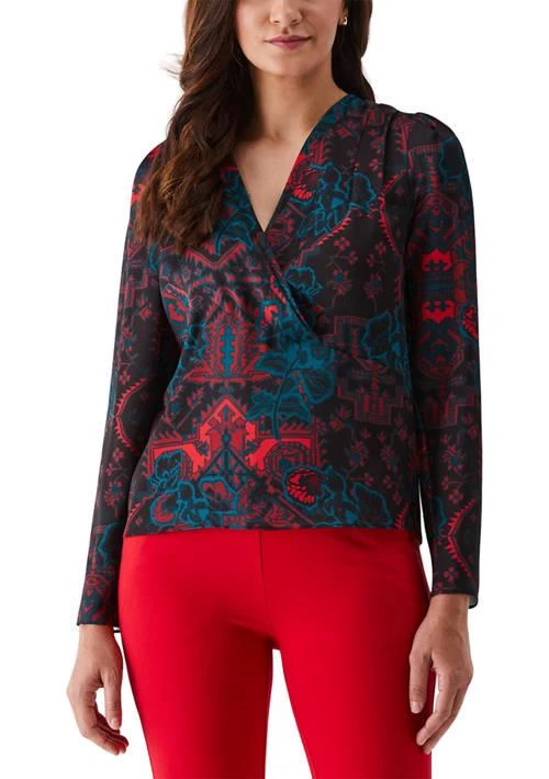 ELLA Rafaella Rafaella Womens Grand Tapestry Print Cross Front Long Sleeve Blouse 1