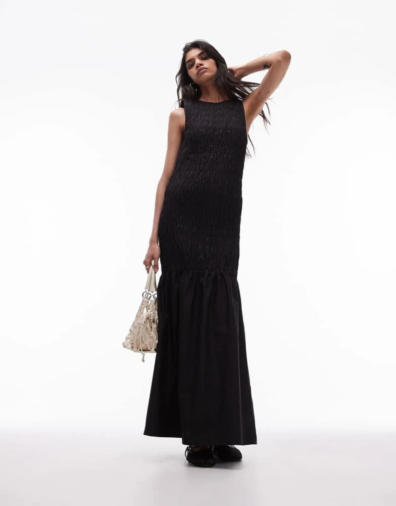 Topshop Topshop shirred maxi dress with contrast top stitch in black 1