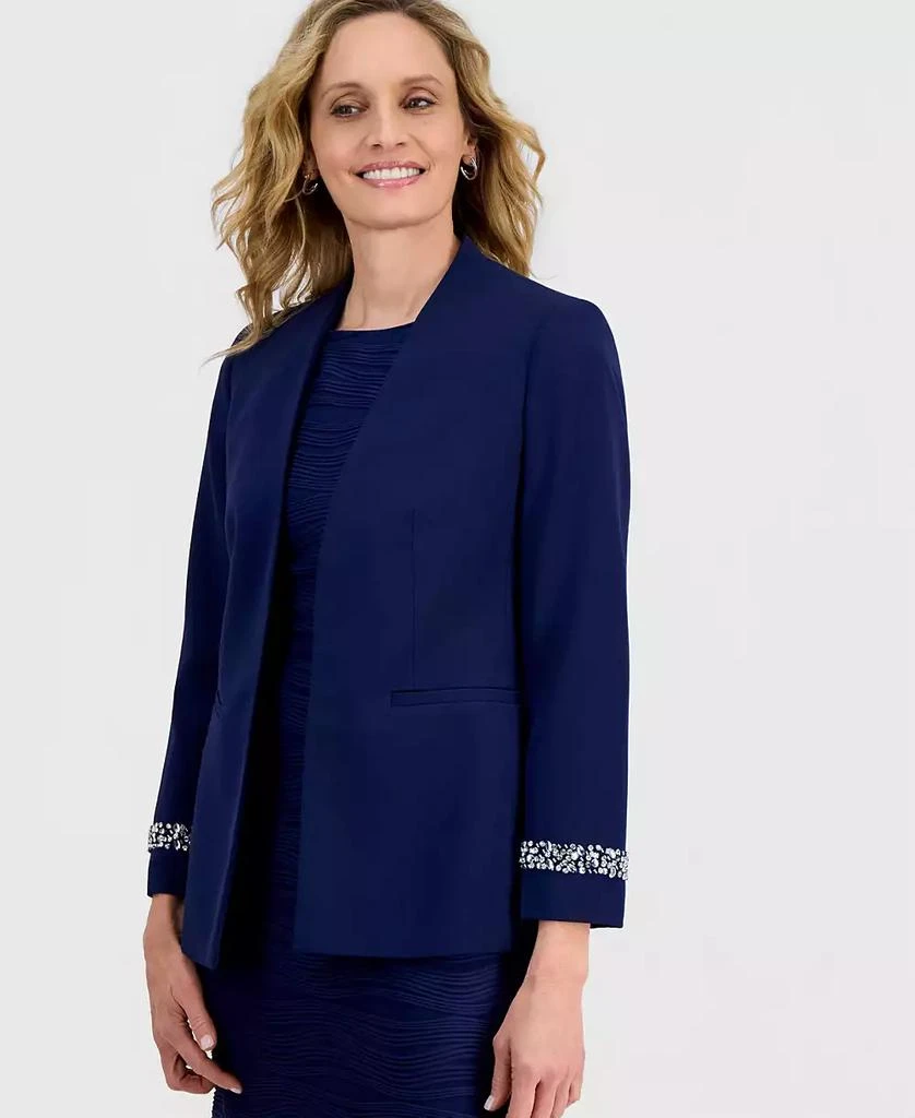 Kasper Women
s Stretch Crepe Collarless Embellished Bracelet-Sleeve Jacket