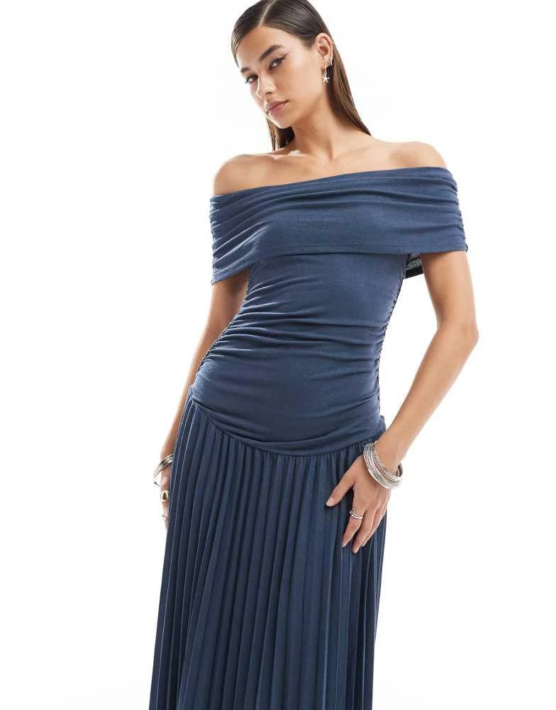 Lioness Lioness knit ruched bardot drop waist pleated maxi dress in navy 4