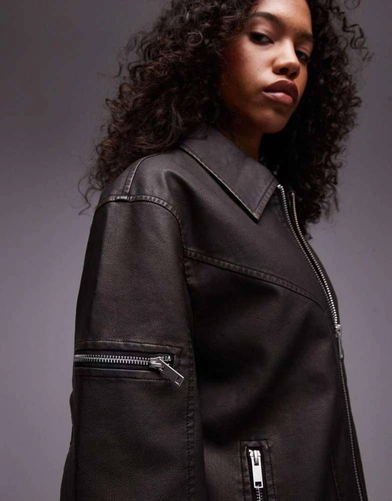 Topshop Topshop faux leather centre front zip biker jacket in dark brown 4
