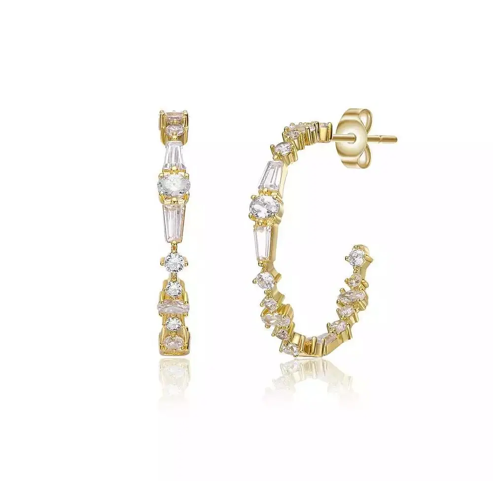 Rachel Glauber Brilliant 14K Gold Plated Multi-Shape CZ Hoop Earrings