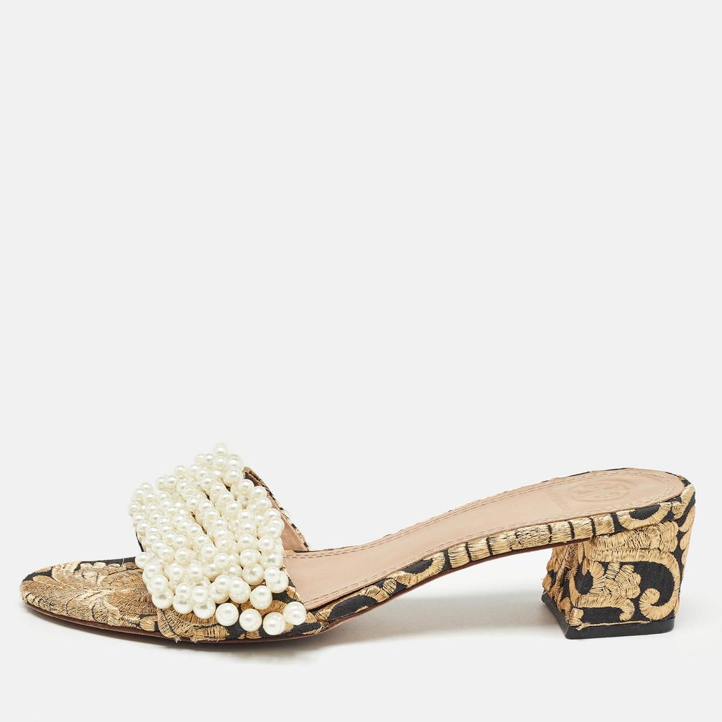Tory Burch Tory Burch Brown/Black Embroidered Fabric Tatiana Pearl Sandals Size 38.5