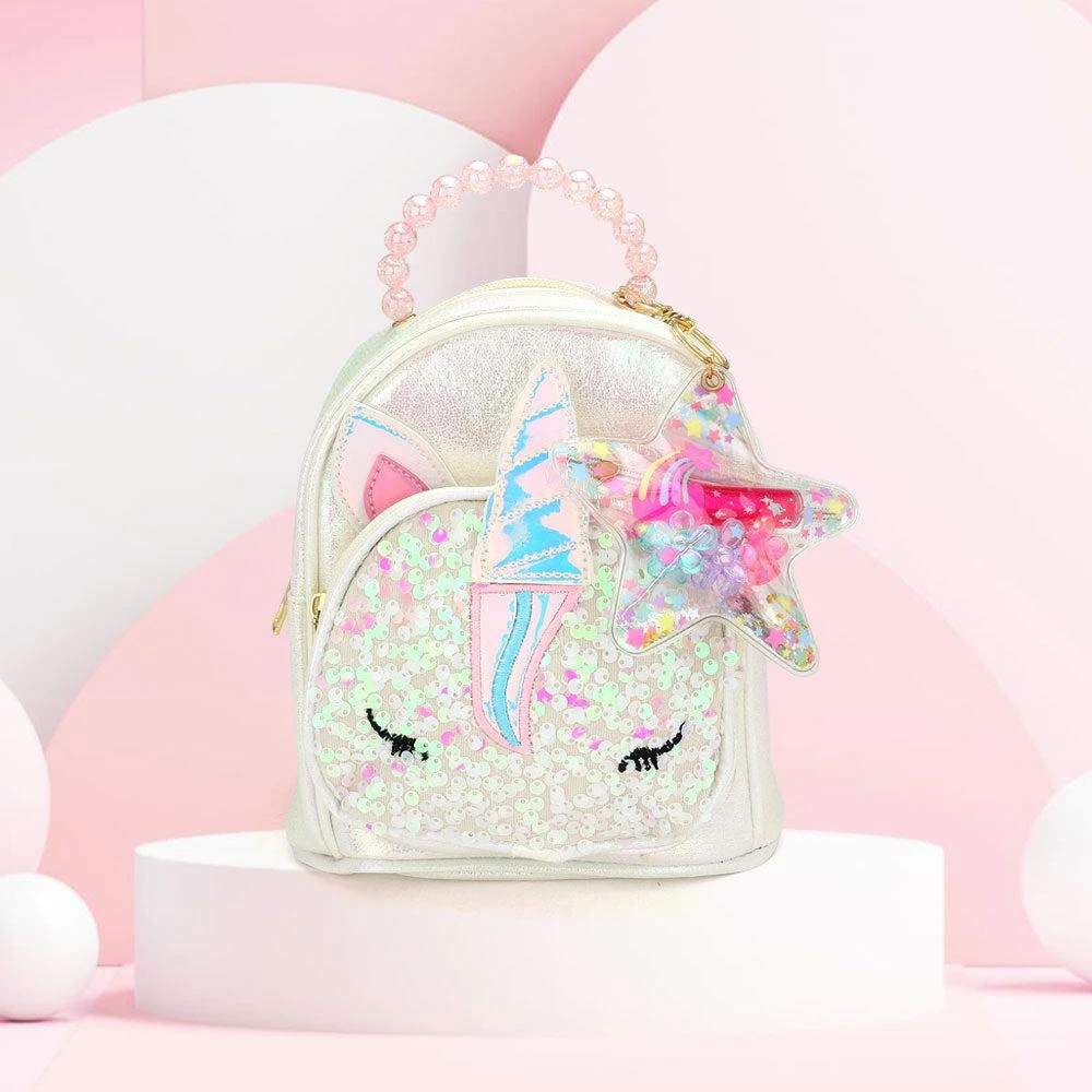 FASHNZFAB HOT FOCUS -Unicorn Pointed Sequin Embellished Tiny Mini Backpack with Star Keychain Pouch
