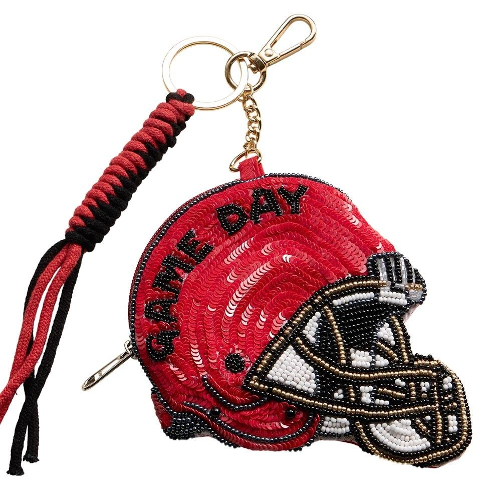 FASHNZFAB GEORGIA GAME DAY Football Helmet Sequin Seed Beaded Knot Keychain Mini Pouch Bag 2