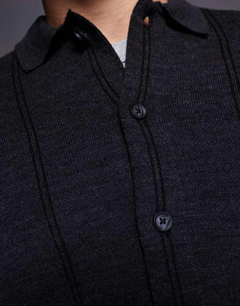 ASOS ASOS DESIGN oversized boxy fit knitted polo jumper with stripe in charcoal marl 2