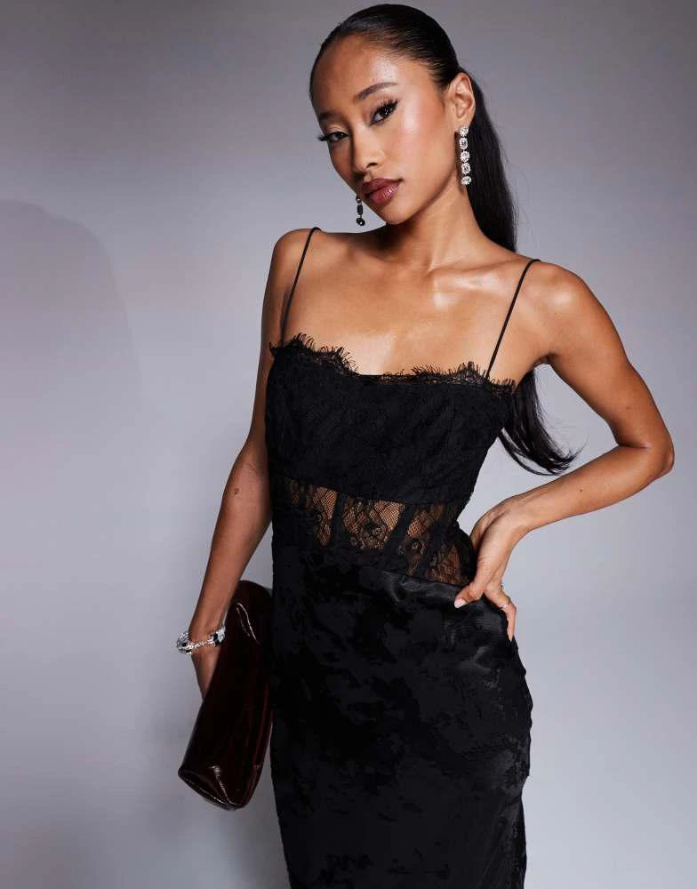 Shop ASOS DESIGN lace burnout corset maxi dress in black on Sale