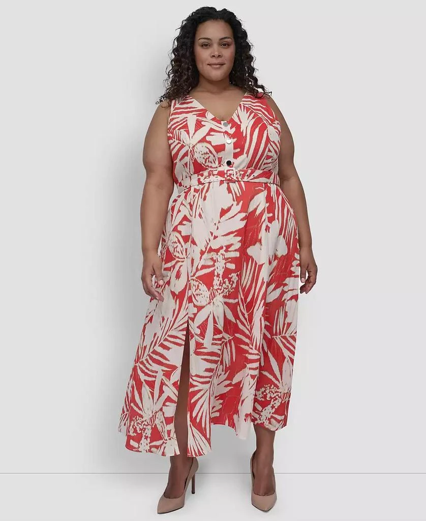 DKNY Plus Size Printed V-Neck Belted Sleeveless Dress 1