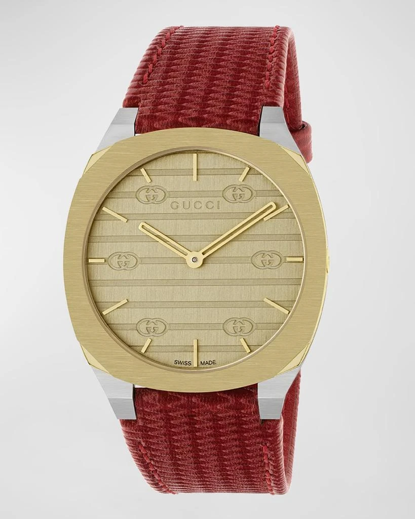 Gucci 34mm 25H Quartz Watch with Leather Strap, Red 1
