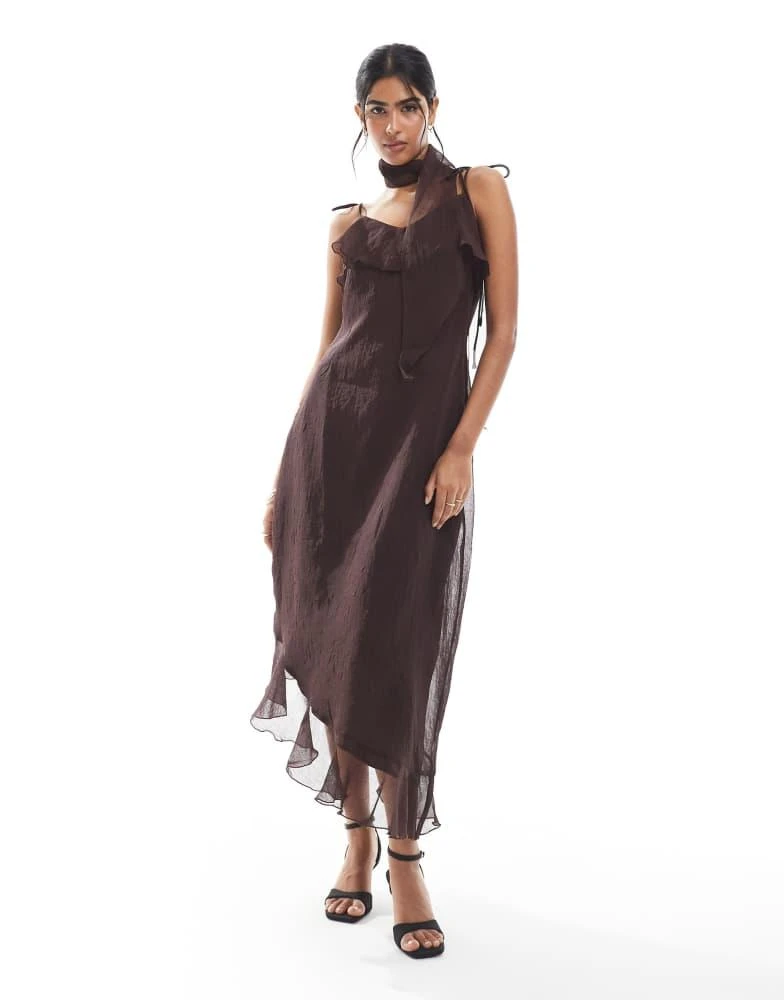 Vero Moda chiffon asymmetric hem ruffle dress with scarf detail in  chocolate  On Sale Now with Up to 50% Off | Discover Exclusive Deals &  Savings at BeyondStyle  Authentic VERO