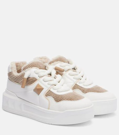 Valentino One Stud XL leather and corduroy sneakers 1