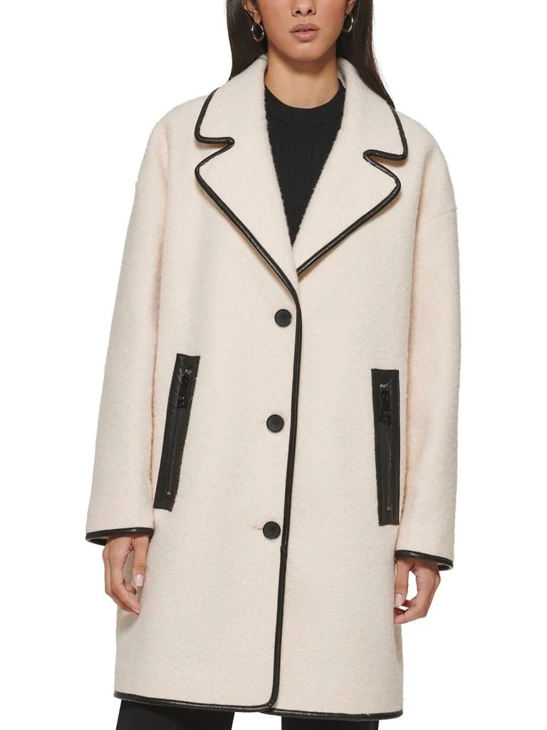 DKNY Womens Nubby Knit Faux Leather Trim Teddy Coat 1