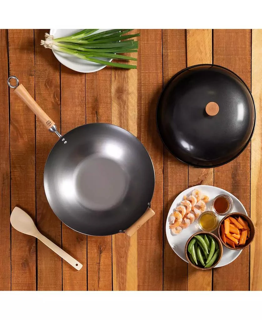 Honey Can Do Classic Series Uncoated Carbon Steel 4-Pc. Wok Set with Lid and Birch Handles 8
