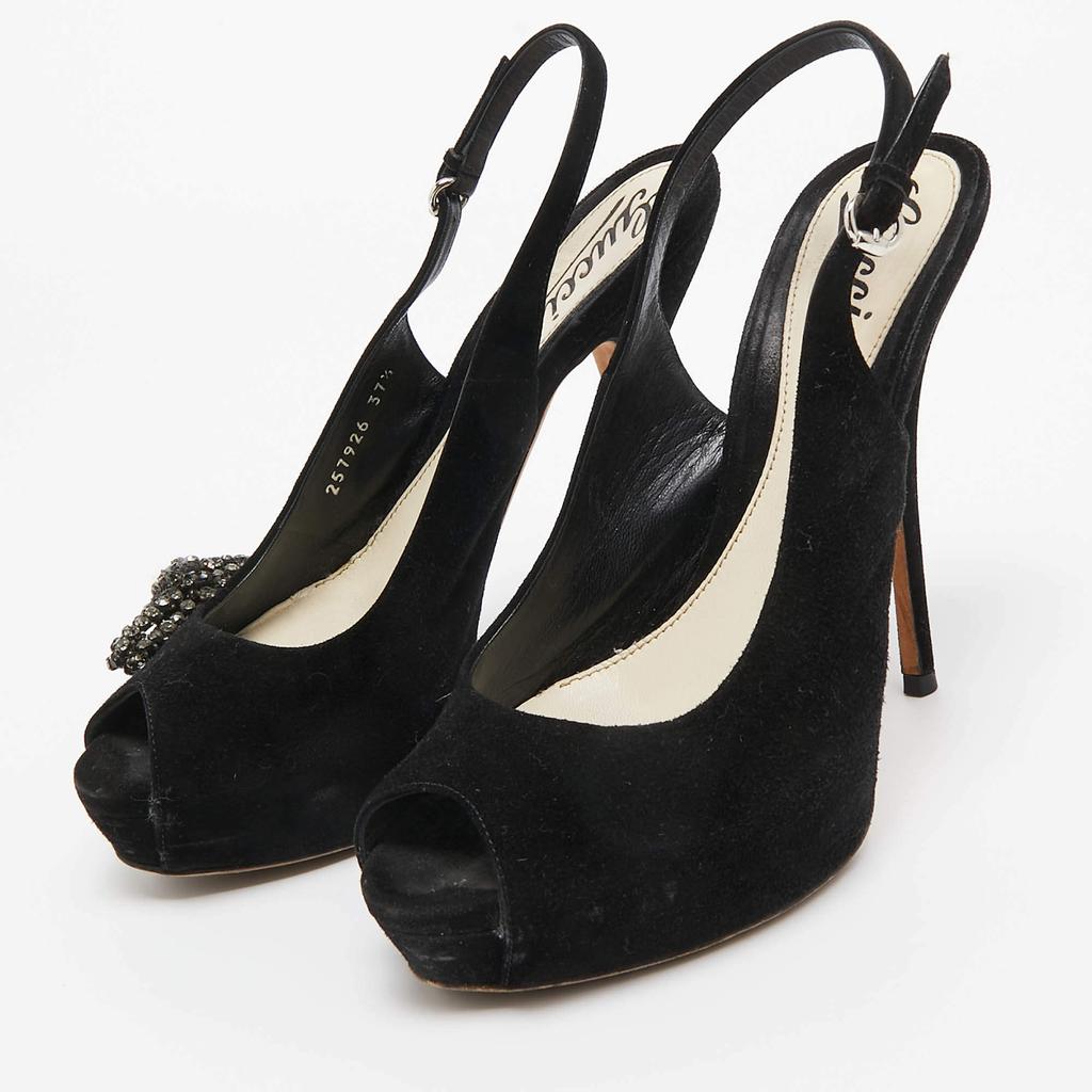 Shop Gucci Black Suede Peep Toe Slingback Pumps Size 37.5 on