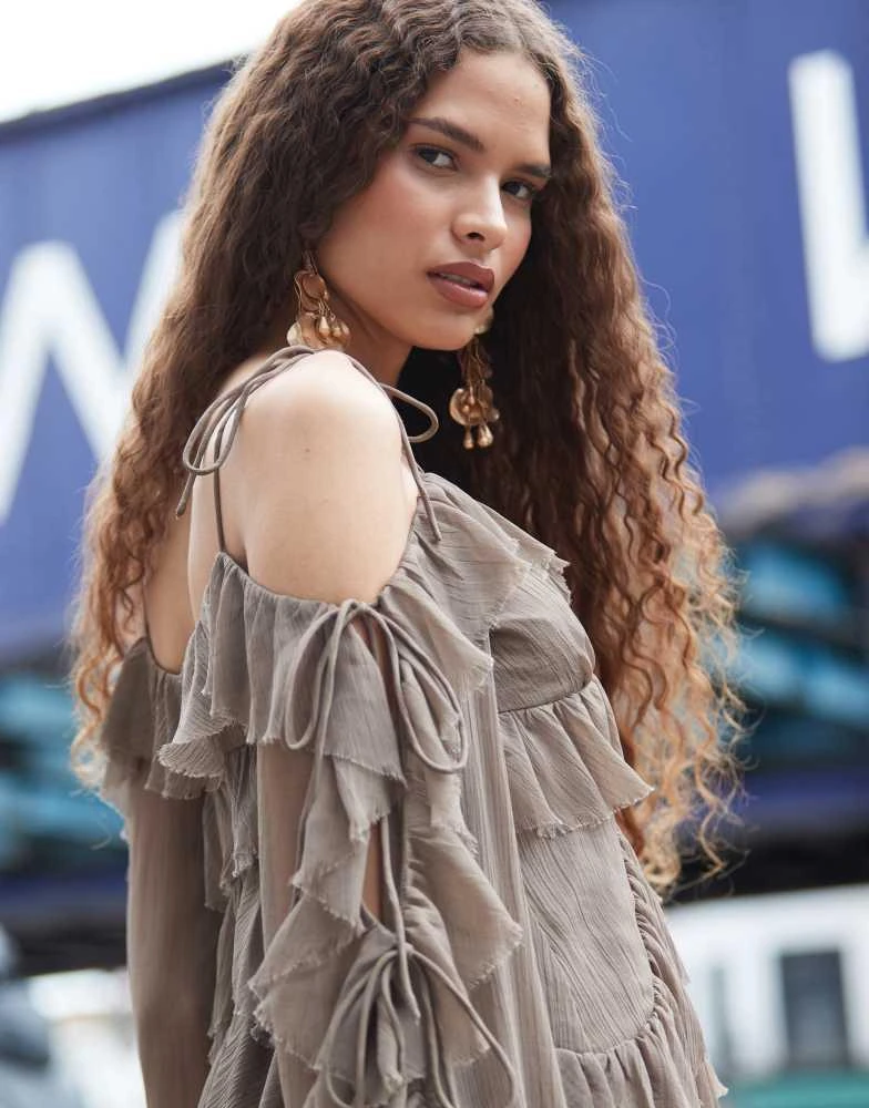 ASOS ASOS DESIGN ruffle off shoulder tiered mini dress in khaki 3