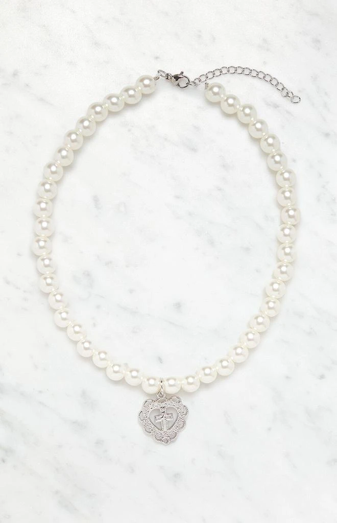 John Galt Faux Pearl Heart Cross Necklace 1