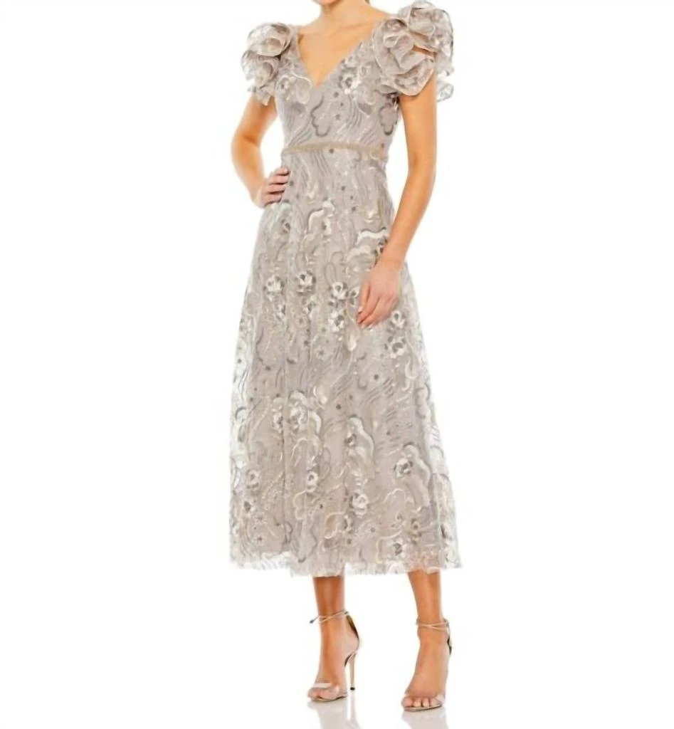 Mac Duggal Embellished Ruffled Cap Sleeve A Line Dress 68262 In Champagne 1