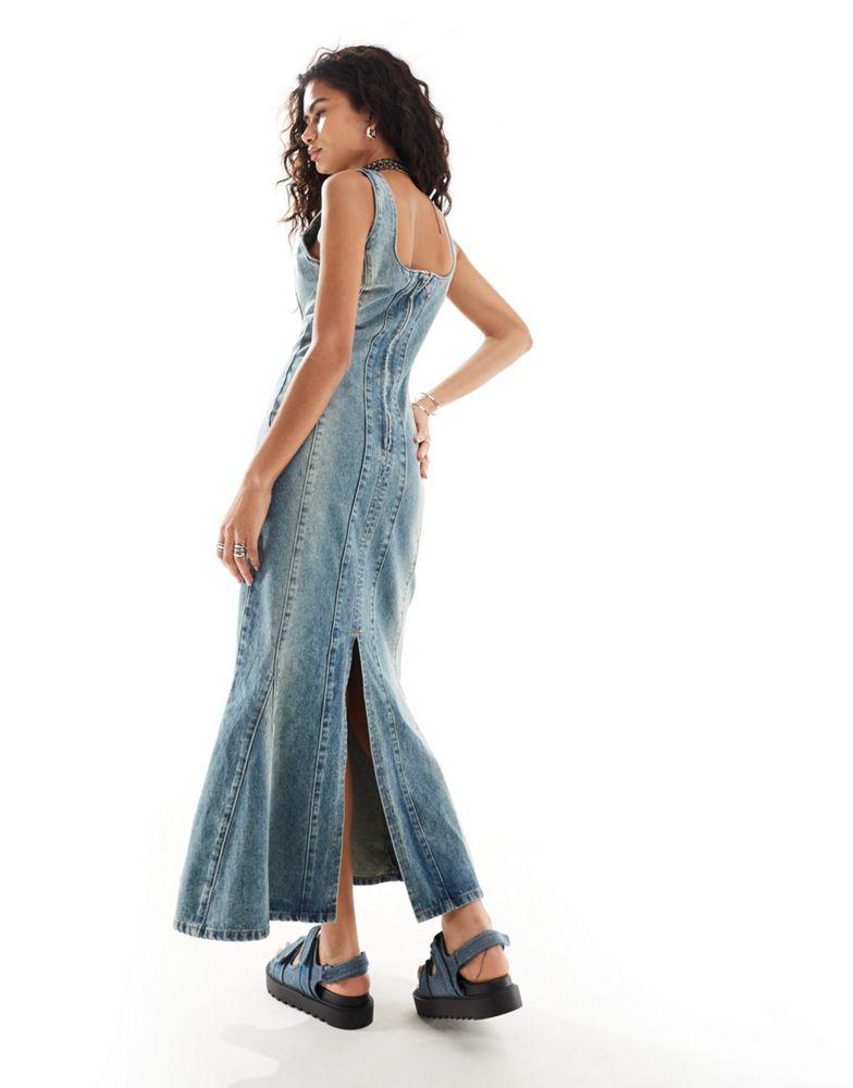 The Ragged Priest The Ragged Priest fitted 90s maxi denim dress in overdye blue