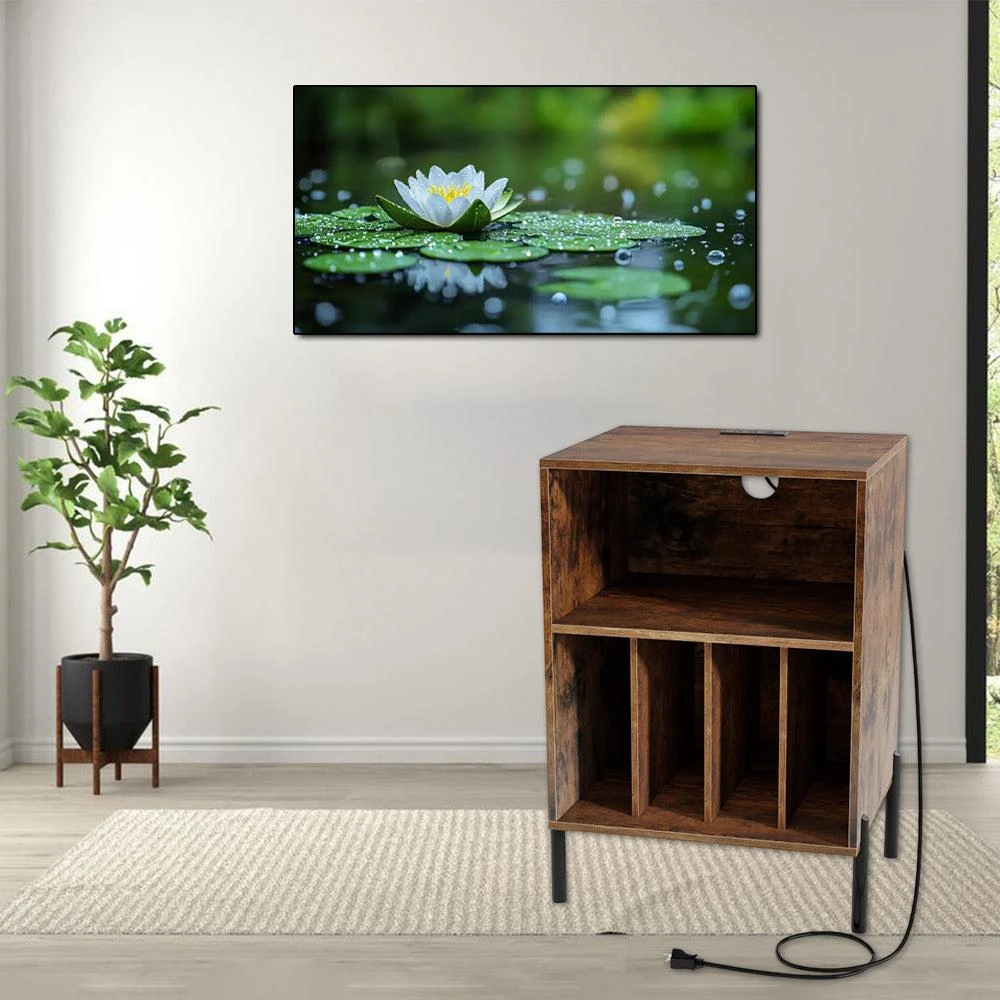 Hivvago Turntable Stand with Vinyl Record Storage and Built-in Charging Ports