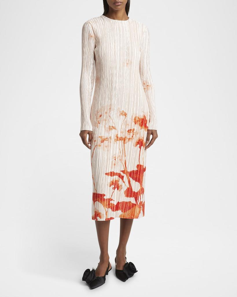 Erdem Floral-Print Plisse Silk Long-Sleeve Midi Dress