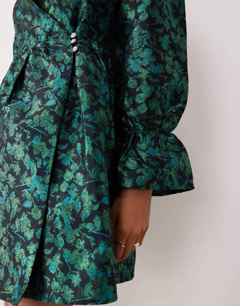 fitted lace wedding dress Emerald Teal Jacquard Mini Long Sleeve Wrap Dress L