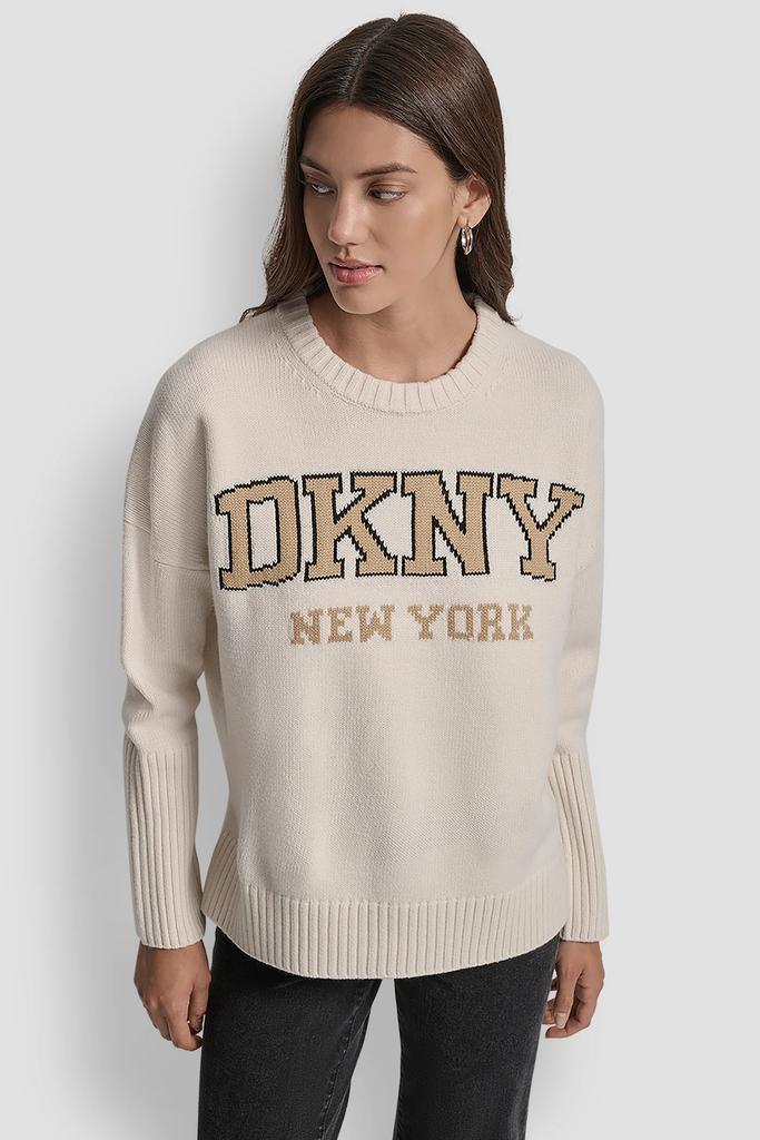 DKNY VARSITY LOGO INTARSIA CREW NECK RELAXED SWEATER