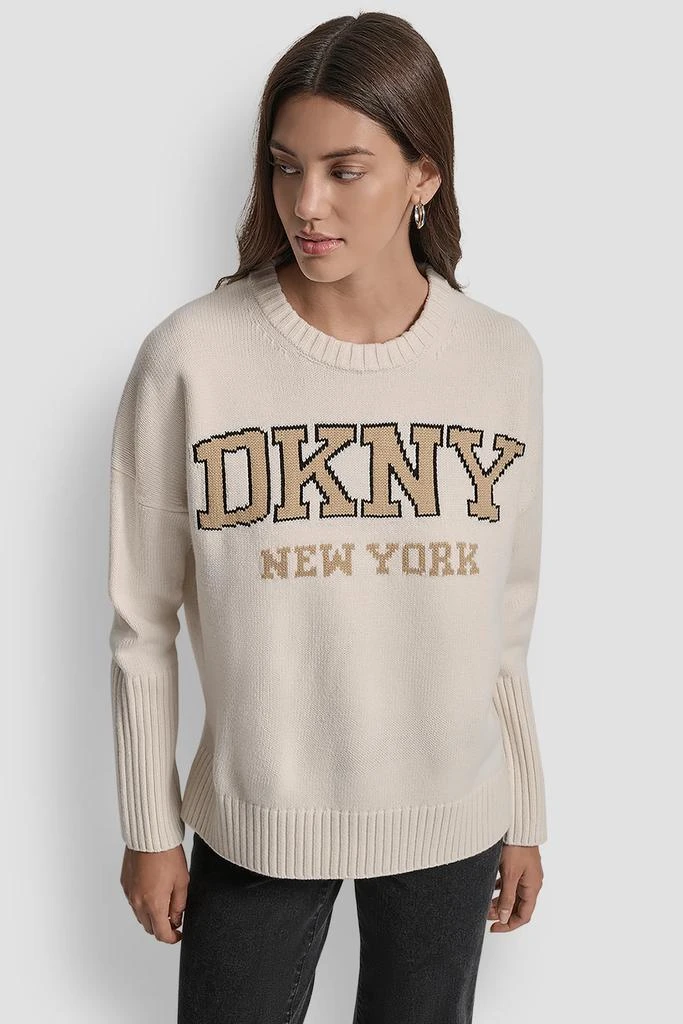DKNY VARSITY LOGO INTARSIA CREW NECK RELAXED SWEATER 1