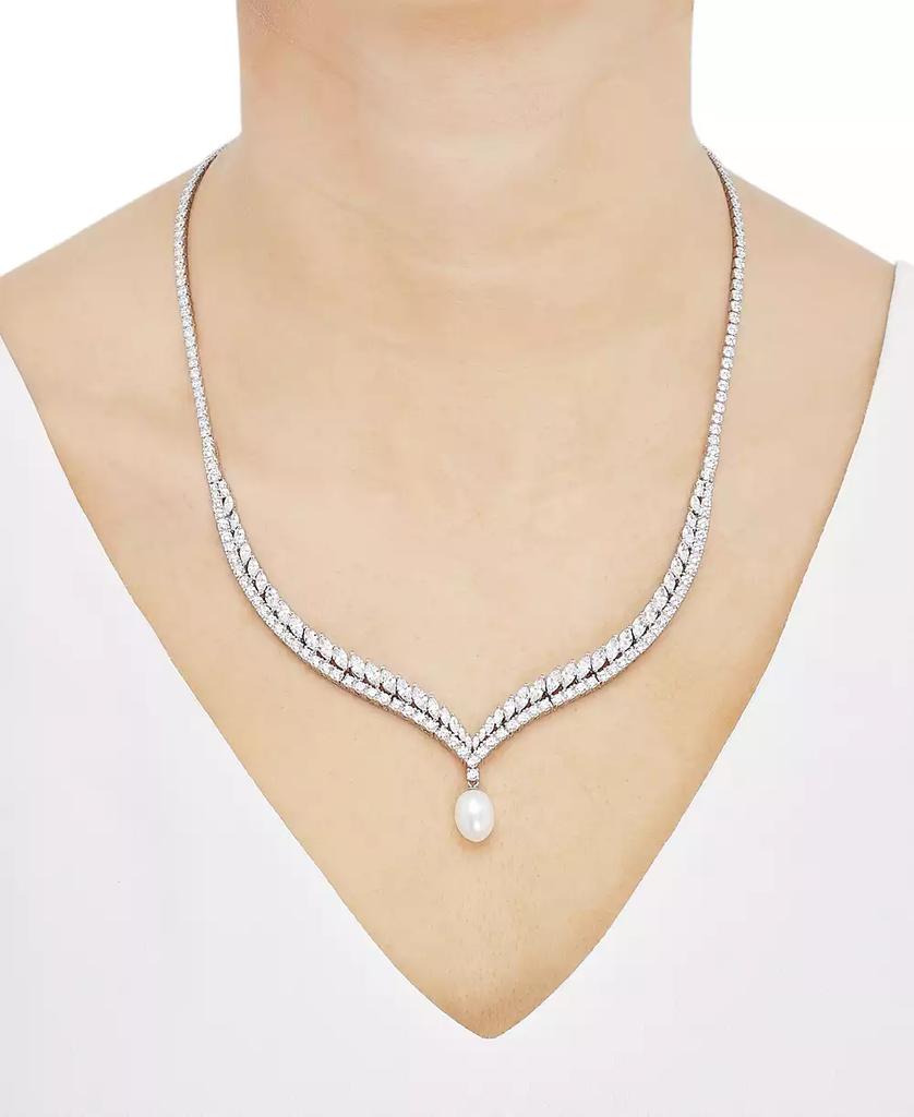 Arabella Cultured Freshwater Pearl (9x11mm) & Cubic Zirconia 17" Collar Necklace in Sterling Silver
