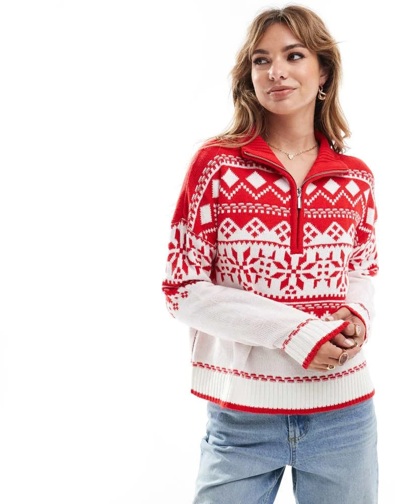 Brave Soul half zip fairisle jumper in red – On Sale Now with Up