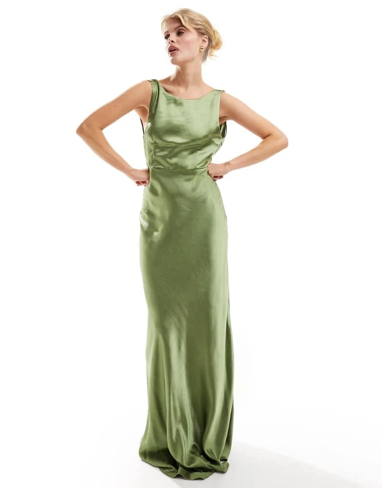 Six Stories Six Stories Bridesmaids cowl back satin maxi dress in moss green 3