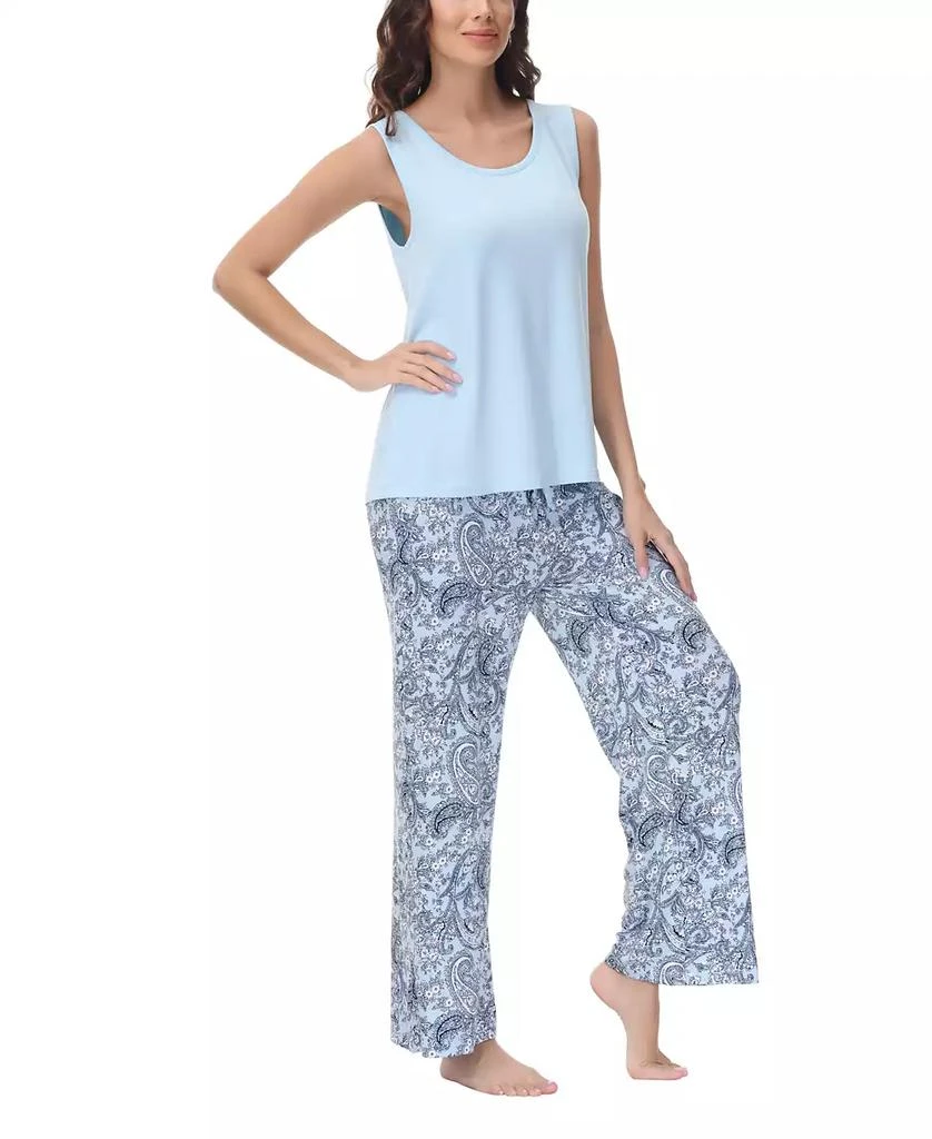 Echo Design Women's Solid 2 Piece Tank Top with Printed Wide Pants Pajamas Set 6