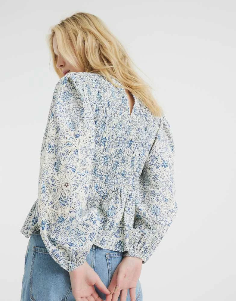 River Island River Island long sleeve shirred top in blue 3